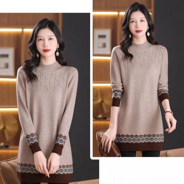 Half Turtleneck Knitted Sweater Women's Color Block Loose Mid-length Sweater Knitted Sweater Long-sleeved Casual Pullover Autumn and Winter Top