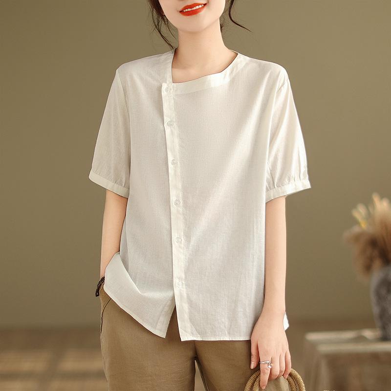 

Летняя ретро блузка женская косая застежка на пуговицы женственная женская винтажная рубашка с короткими рукавами повседневные однотонные топы рубашки 2XL белый