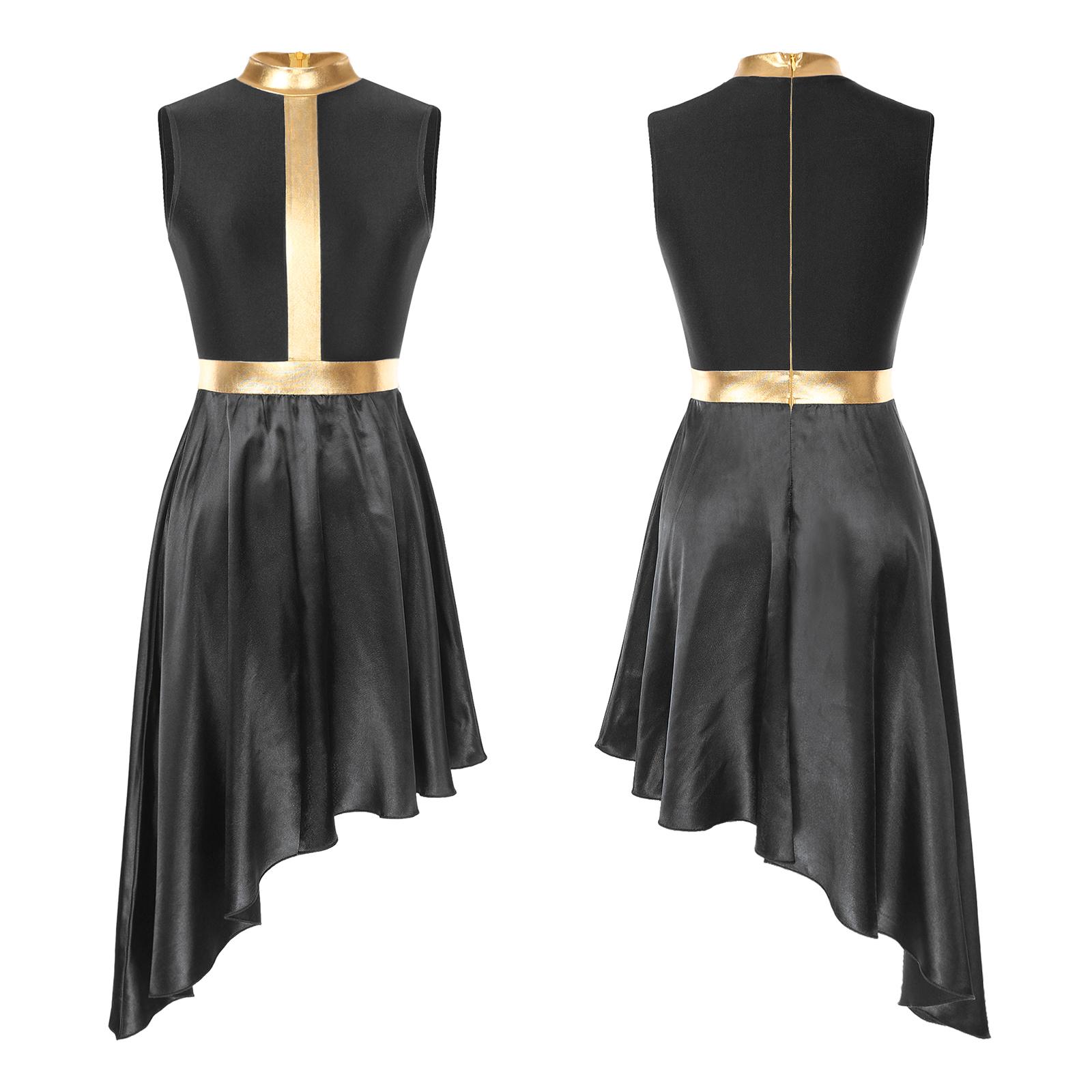 

Womens Color Block Lyrical Dance Dress Invisible Zipper Back Flowy Asymmetrical Hem Sleeveless Outfit M чорний