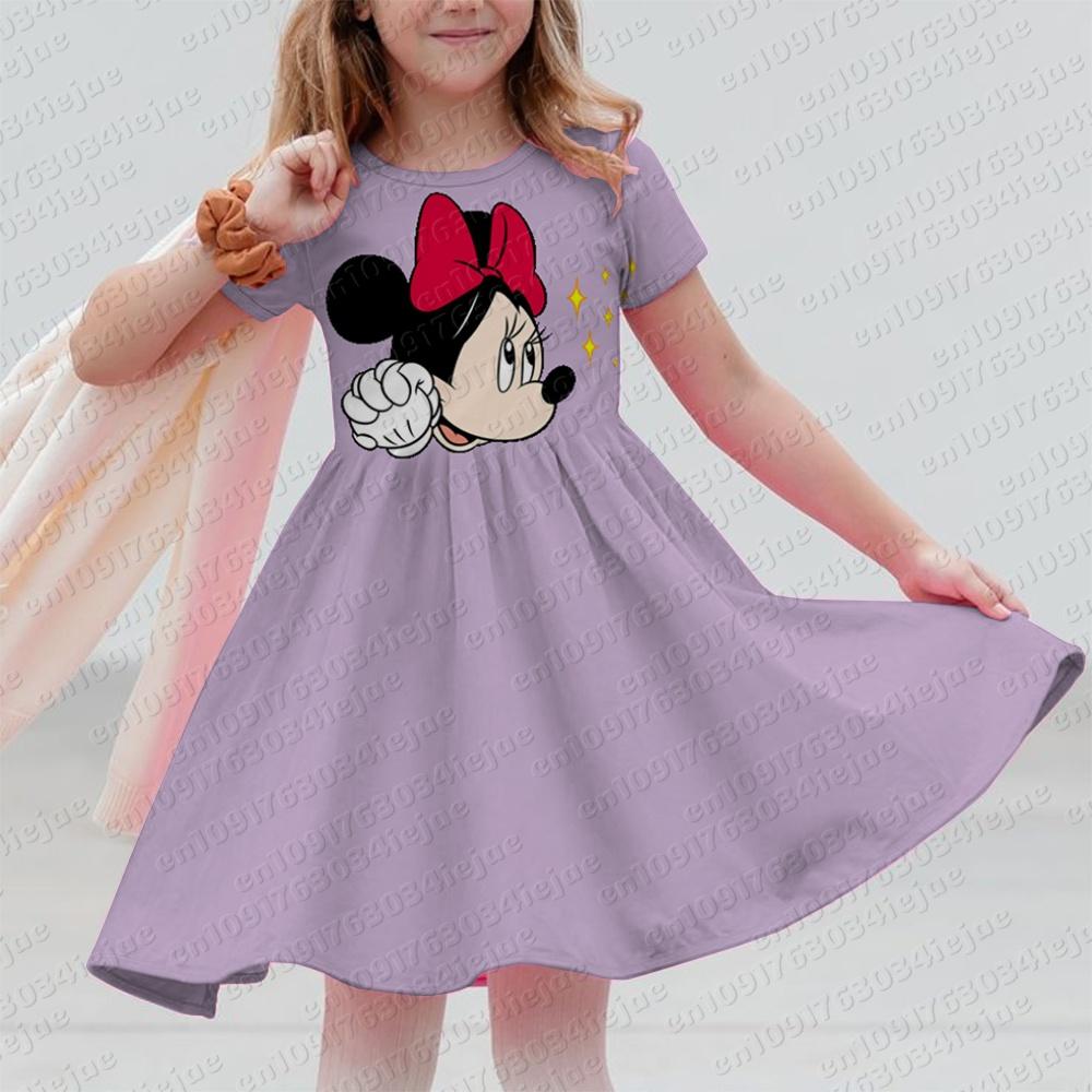 Disney Mickey Mouse Minnie Print Summer Dress Kids Girl Clothes Sweet Desserts Short Sleeve Casua Fashion Birthday Girl Dress