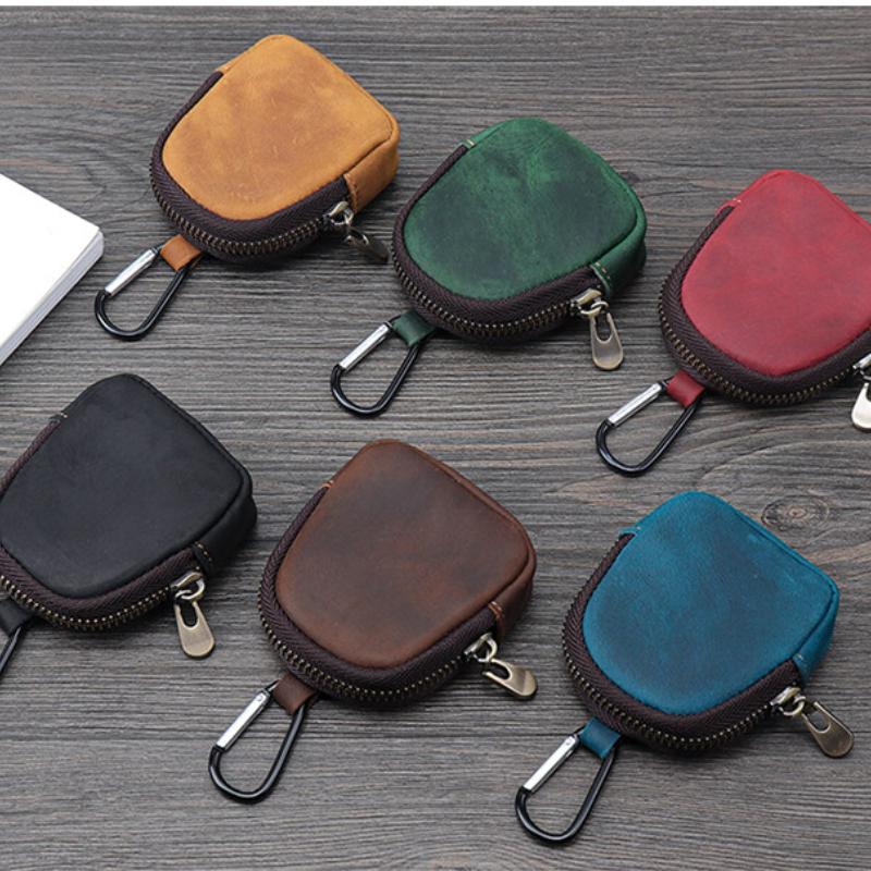 Retro Coin Bag Crazy Horse Leather Small Coins Keys Holder Zipper Pouches Bluetooth Earphone Storage Bags