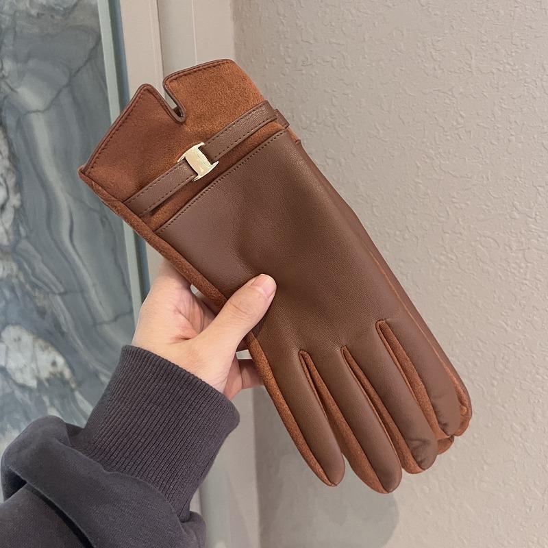 Leather Gloves Winter Women's Velvet Thickened Warm Windproof Cold Outdoor Riding Electric Car Can Be Five Fingers Tide