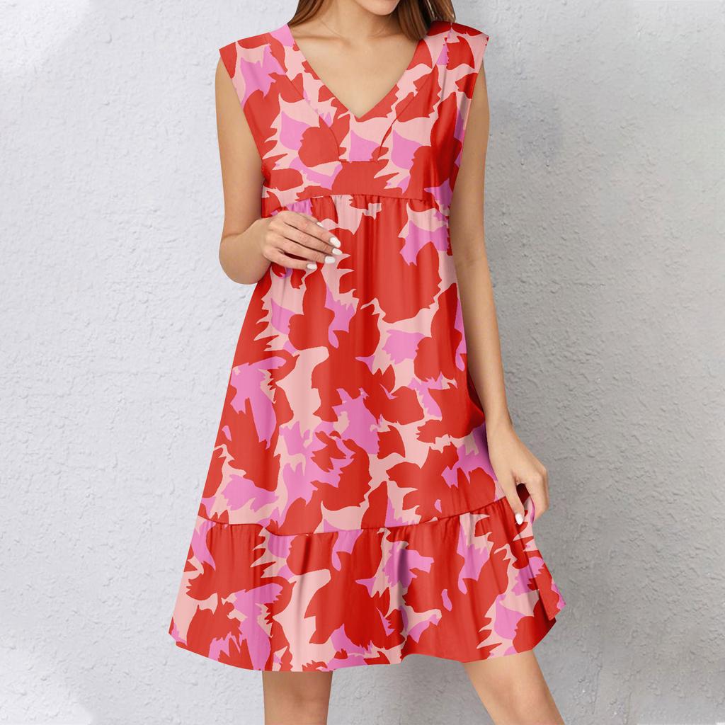 Womens Summer Dress Sleeveless V Neck Printing Short Dresses Fashion Casual Flowy Boho Ruffle A Line Swing Sundress