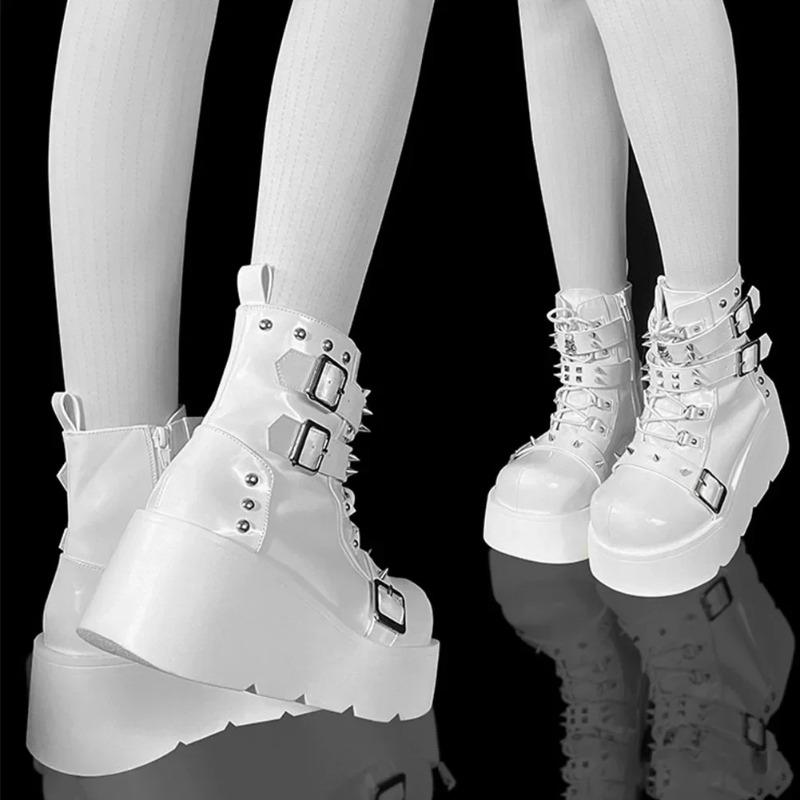 Botas de Plataforma Góticas Vampiro Cosplay Femininas de Cano Médio 2024 Inverno Cunhas Confortáveis Botas de Motocicleta Femininas
