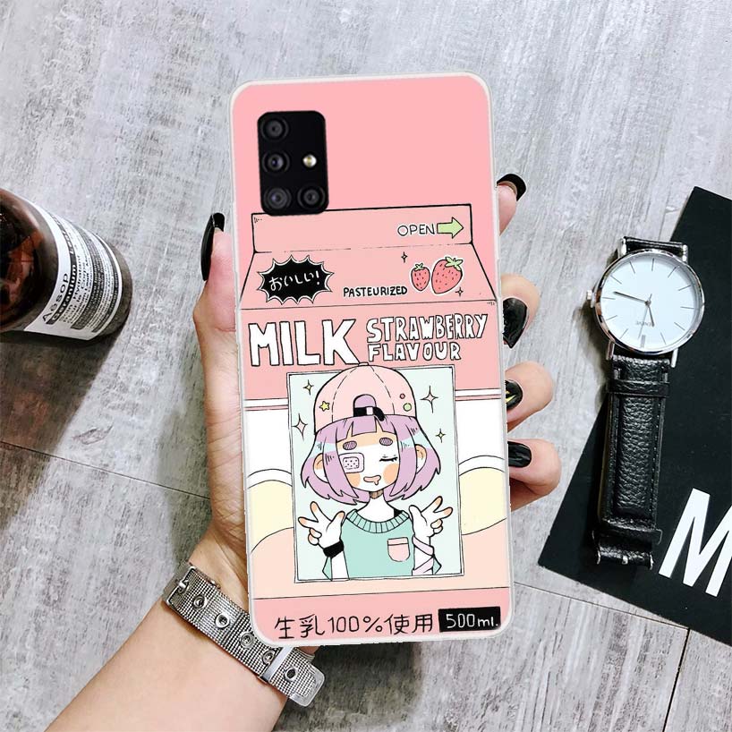 Kawaii Japanese Strawberry Milk Box Phone Case For Samsung Galaxy A14 A15 A13 A12 A54 A55 A53 A52 A04S A24 A25 A23 A22 A34 A35 A
