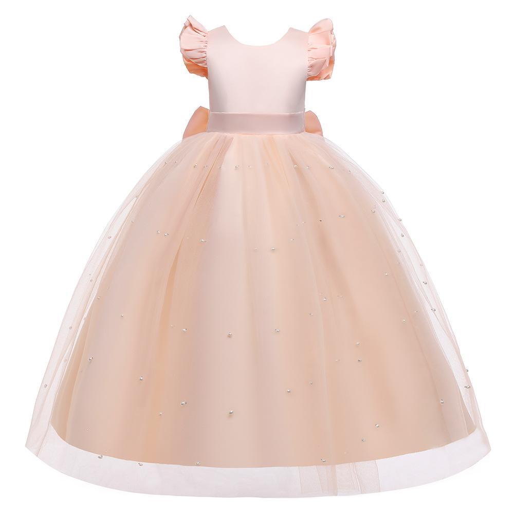 Flickor Prinsessa Balklänning Elegant Fladdermusärm Pärlnät Formell Klänning Bröllopsfest Rosett Tutukjol