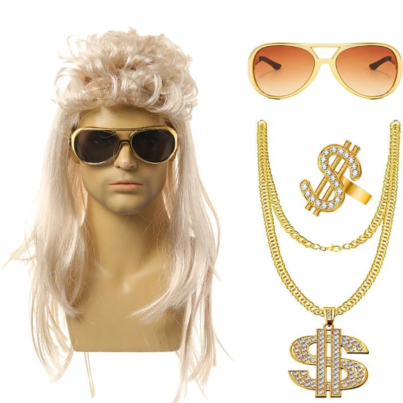 80s Disco Wig Costume Accessories Rocker Wig Set Glasses Necklace Hippie Costume Set Curly Rock Wig for Halloween Party
