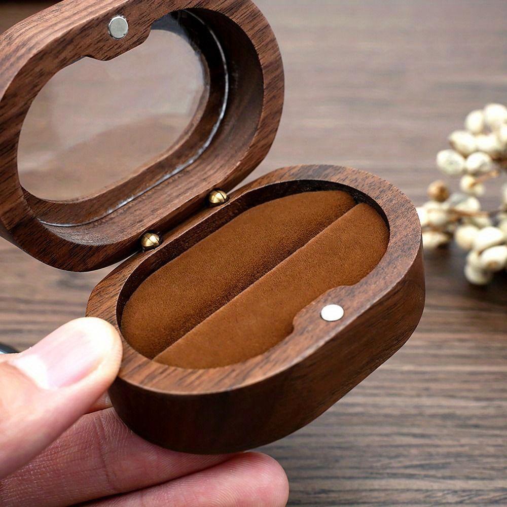 Retro Oval Wooden Jewelry Box Lover Ring Display Box Engagement Wedding Couples Ring Storage Holder Love Gift