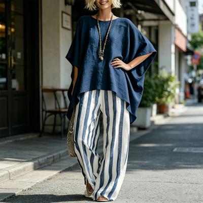 Damen T-Shirt Hose Zweiteiliges Set Sommer O-Ausschnitt Kurze Fledermausärmel Hemd Gestreifte Hose Lockeres Lässiges Oberteil Hosenanzug