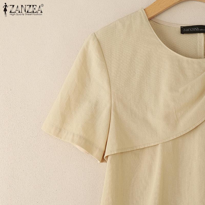 ZANZEA Women Casual Round Neck Loose Summer Cotton Short Sleeve Blouse