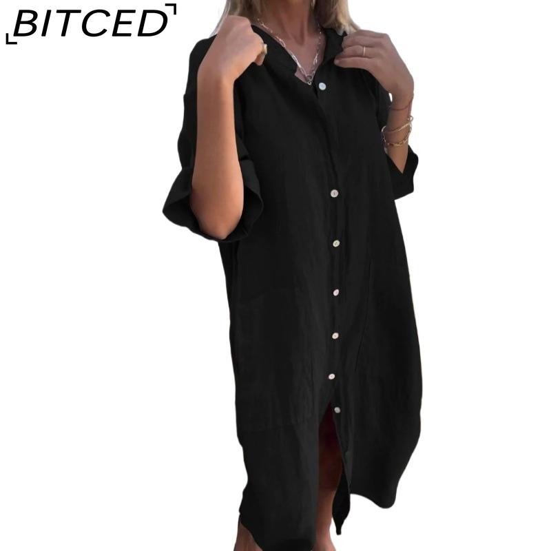 BITCED Women's Fashion Summer Spring Solid Color Print POLO Neck High Waist Casual Dresses