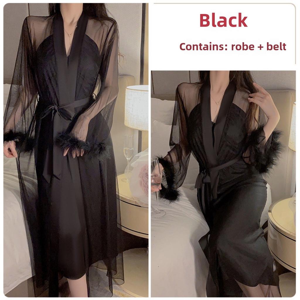 Satin Drawstring U-neck Plus Chest Pad Slim and Thin Suspender Nightdress Mesh Robe Loungewear Set