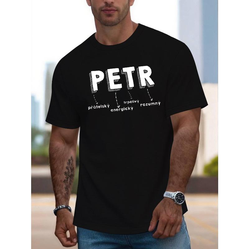 European Size Men'S Big & Tall sm Heavyweight T-Shirt - Bold "PETR" Graphic Print Retro Round Neck Short Sleeve, Black with White Lettering