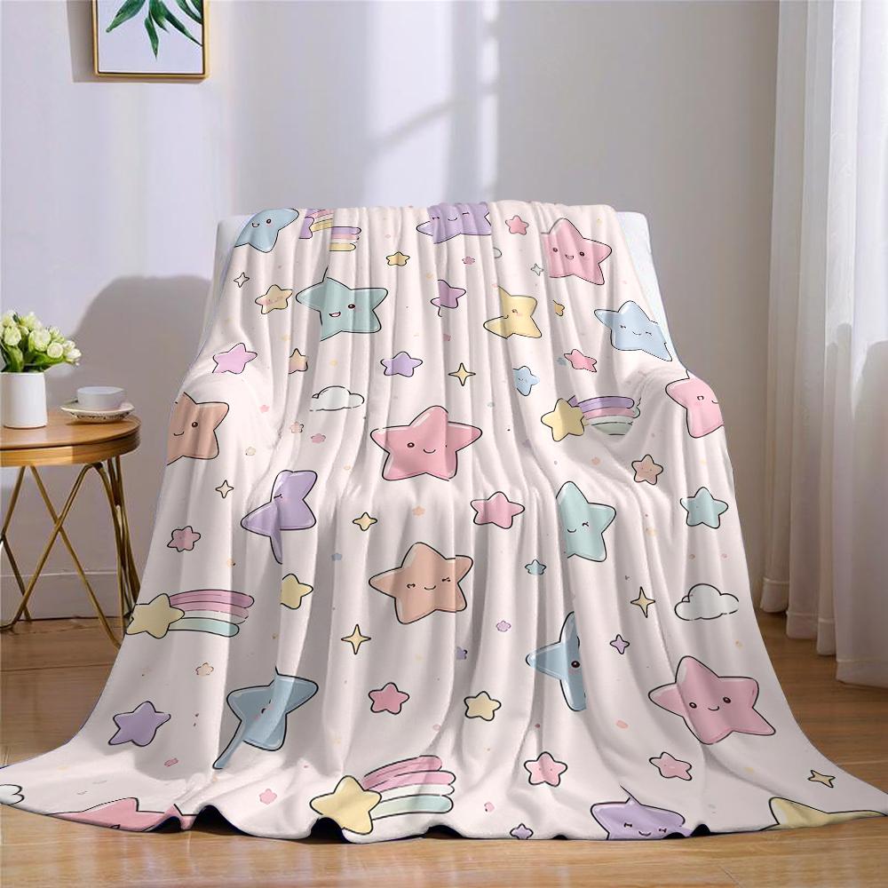 Pastel Star Rainbow Flannel Blanket Warm Soft Halloween Christmas Couch Warm Cozy Decorative Decor Gift for All Season