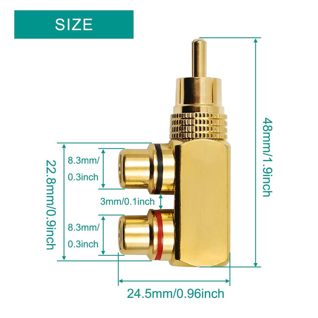 Xiatiaosann RCA Splitter RCA Male To 2 RCA Female Audio for Stereo Audio Phono Right Angle Jack for DVD Amplifier Speakers Car Set of 2 2-Way Adapter,
