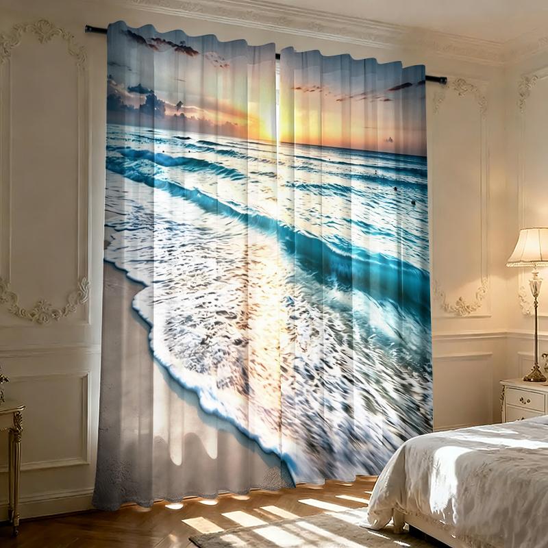 2-Piece Ocean Beach Sunset Curtains, Rod-Pocket Style Semi-Transparent Polyester Curtains, Tropical Coast Print Light-Filtering Curtains,