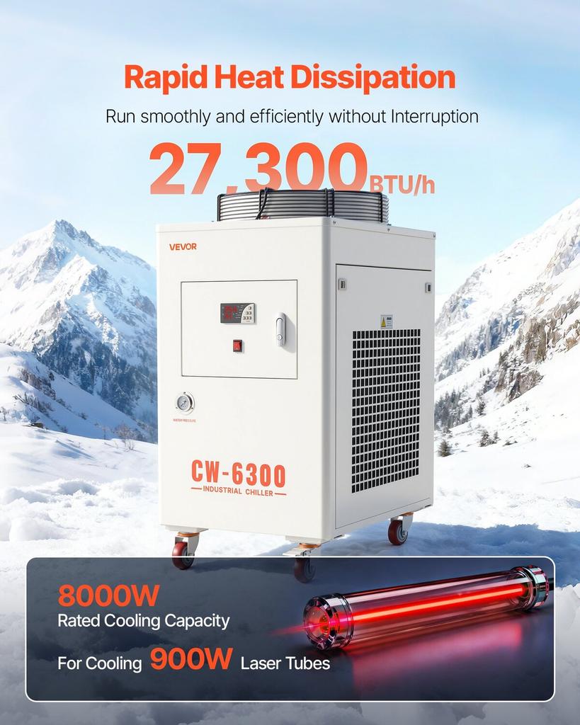 Refrigeratore d'acqua industriale, 8000 W, Sistema di raffreddamento refrigeratore d'acqua industriale con compressore, Portata massima 70 L/min, Capacità serbatoio 40 L, Refrigeratore per laser, per