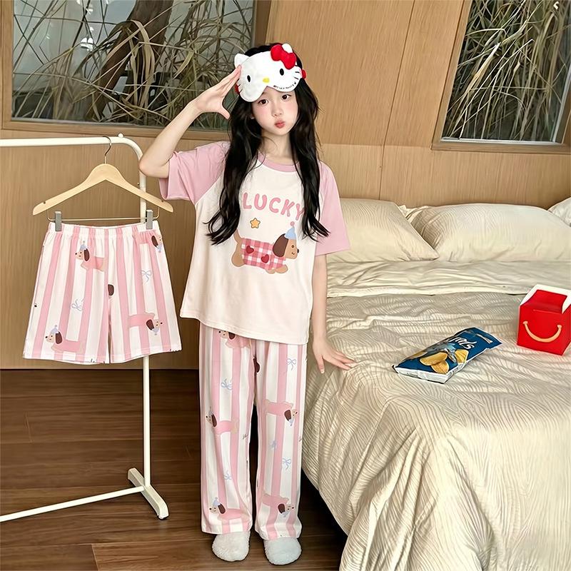 Girls' Summer Cartoon Three-Piece Set: Loose Short-Sleeve & Shorts for Medium-Large Kids