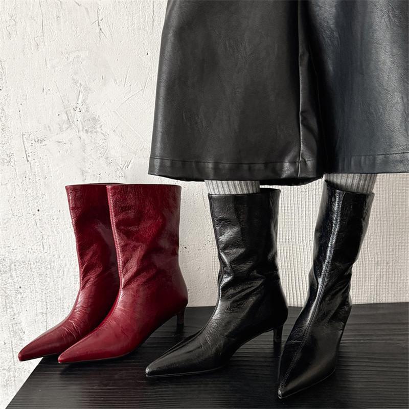Fashion New Autumn/winter Genuine Leather Women Boots Pointed Toe Shoes for Women Fashion Boots Mid Heels Mid-calf Boots Shoes Versatile