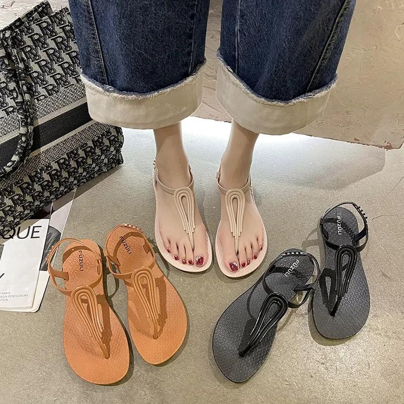 2024 Summer New Women Casual Strap Sandals Roman Fashion Flat Sandals Non-slip Beach Sandals Women Ladies Shoes Solid Flip Flops