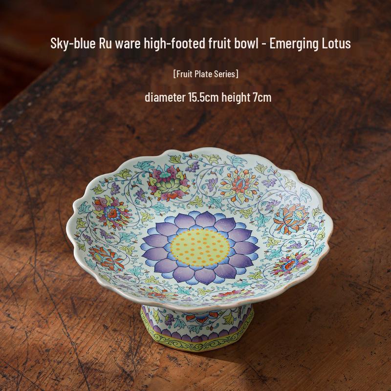 Chinese Ru Kiln Blue and White High-Footed Ceramic Plate for Fruit, Tea, Snacks, Pastries, and Living Room Decor