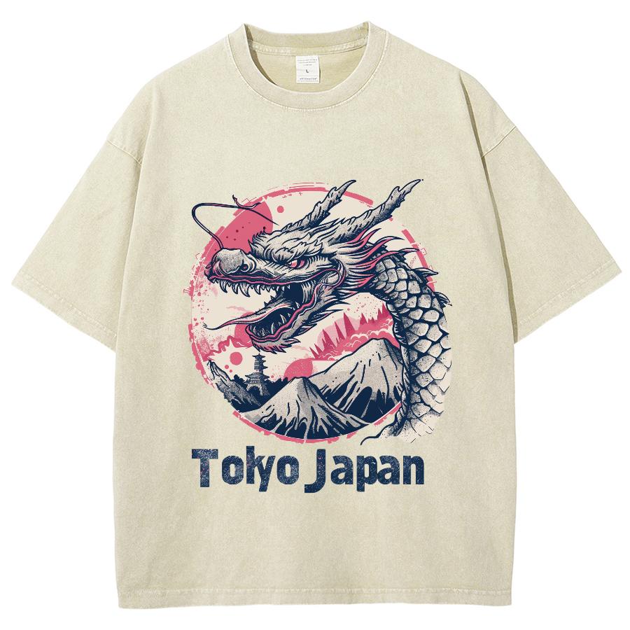 Japan Tokio Alphabet Drachen Print Damen Washed T-Shirt Baumwolle Locker Große Größe Unisex Halbarm Vintage Nische Top