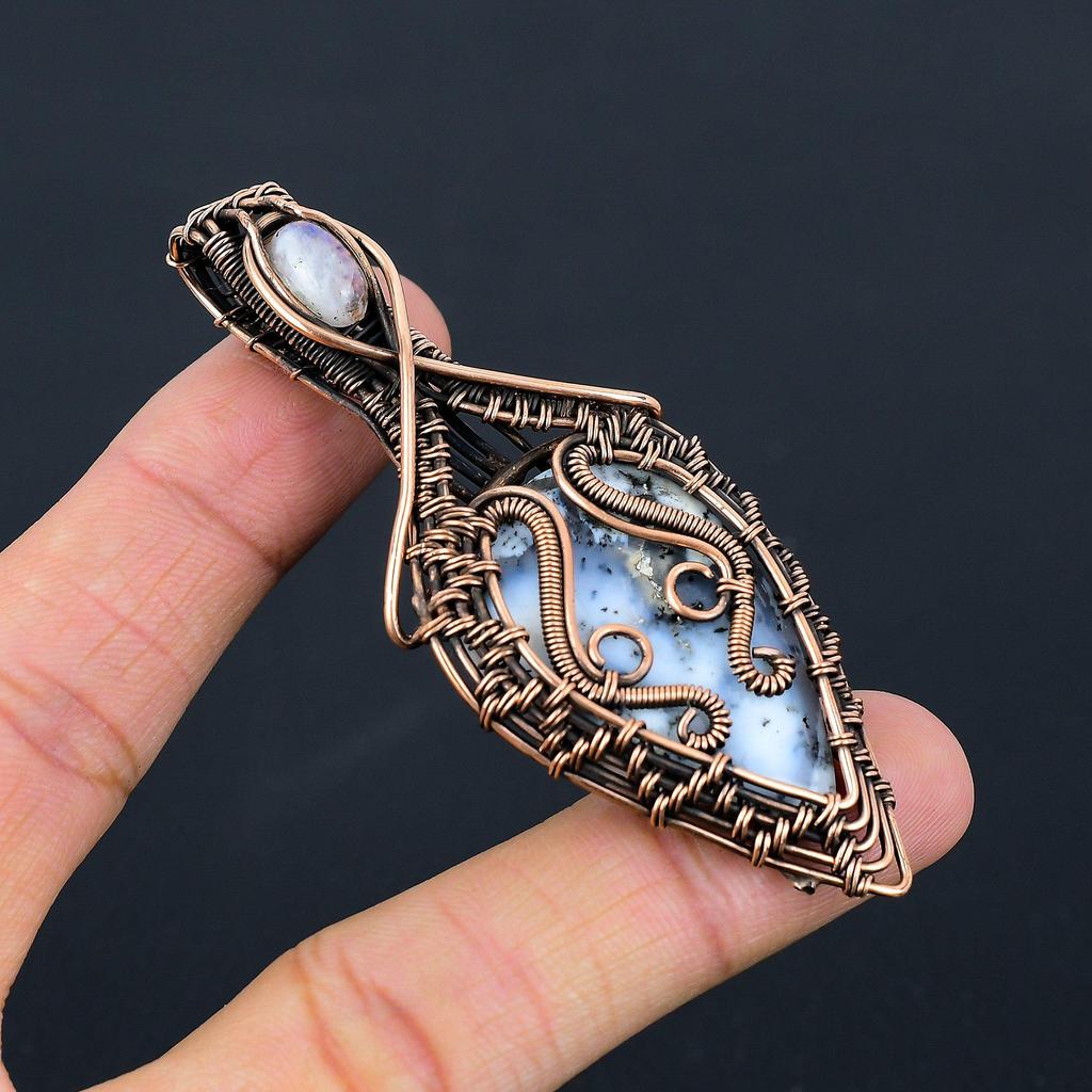 Dendrite Opal, Moonstone Gemstone Pure Copper Wire Wrapped Designer Handmade Pendant Jewelry For Her