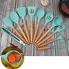 11pcs Wooden Handle Silicon Utensil Kitchen Tools Cookware Spatula Soup Spoon Brush Ladle Pasta Colander Non-stick Kitchenware