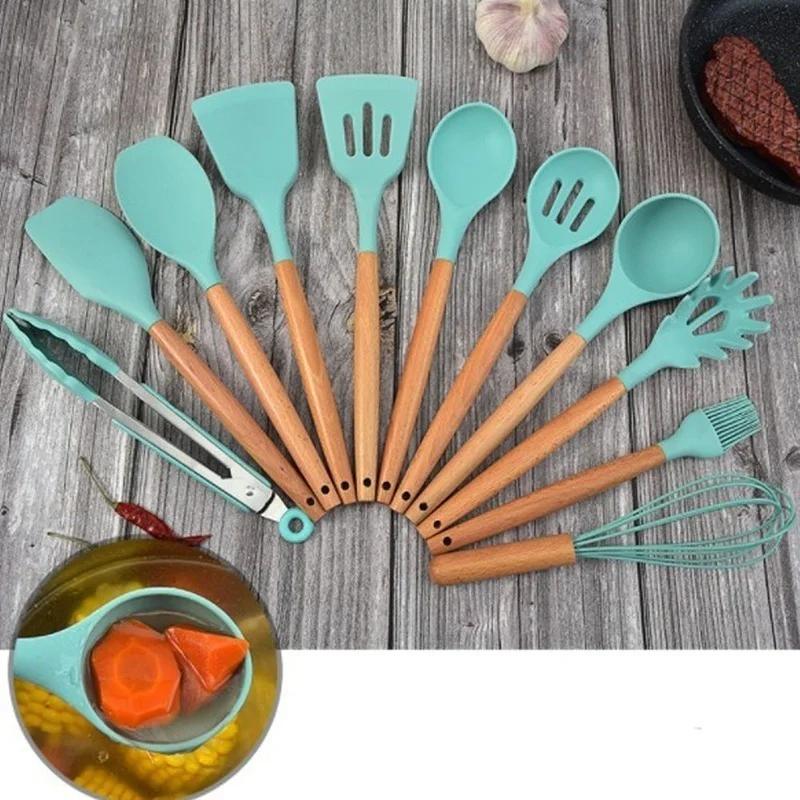 11pcs Wooden Handle Silicon Utensil Kitchen Tools Cookware Spatula Soup Spoon Brush Ladle Pasta Colander Non-stick Kitchenware