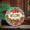 Hisun Tin Sign HD Aluminum Metal Sign Welcome Strawberry Daisy Round Wall Decor Retro Buffalo Plaid Fruit Floral Design Tin Poster for Home G