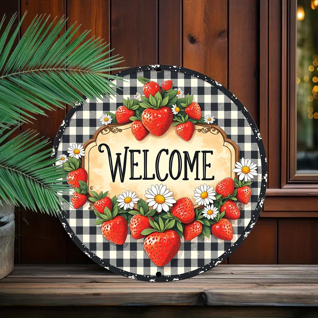Hisun Tin Sign HD Aluminum Metal Sign Welcome Strawberry Daisy Round Wall Decor Retro Buffalo Plaid Fruit Floral Design Tin Poster for Home G