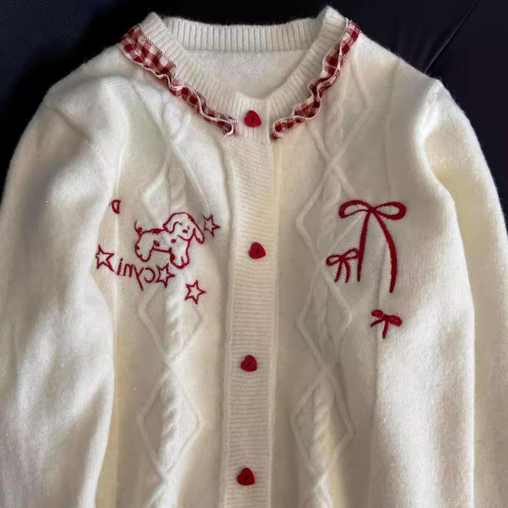 French Embroidered Bow Heart Button Knit Cardigan - Trendy Soft Fluffy Women's Coat for Spring & Autumn.