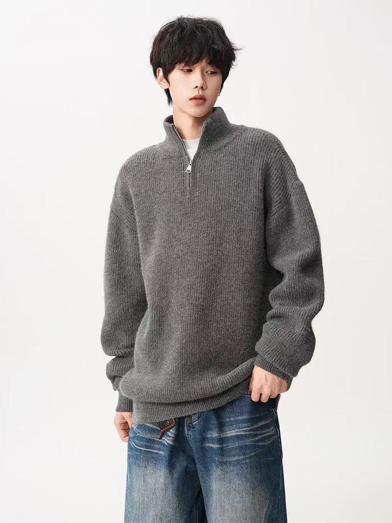 Men's Loose Knit Half-Zip Sweater - Solid Color, Stand-Up Collar, Cozy Autumn/Winter Pullover
