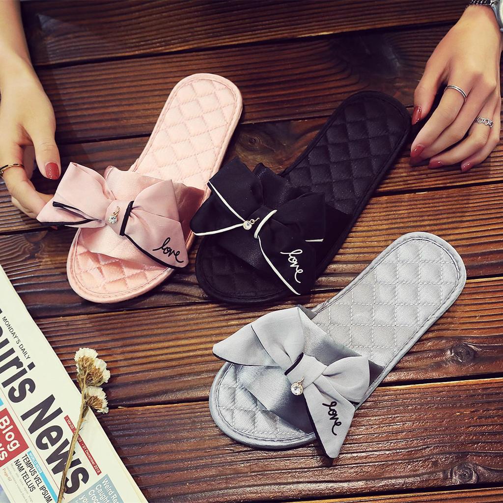 Elegant Korean Silk Bow Slippers - Handmade Satin Flats for Women