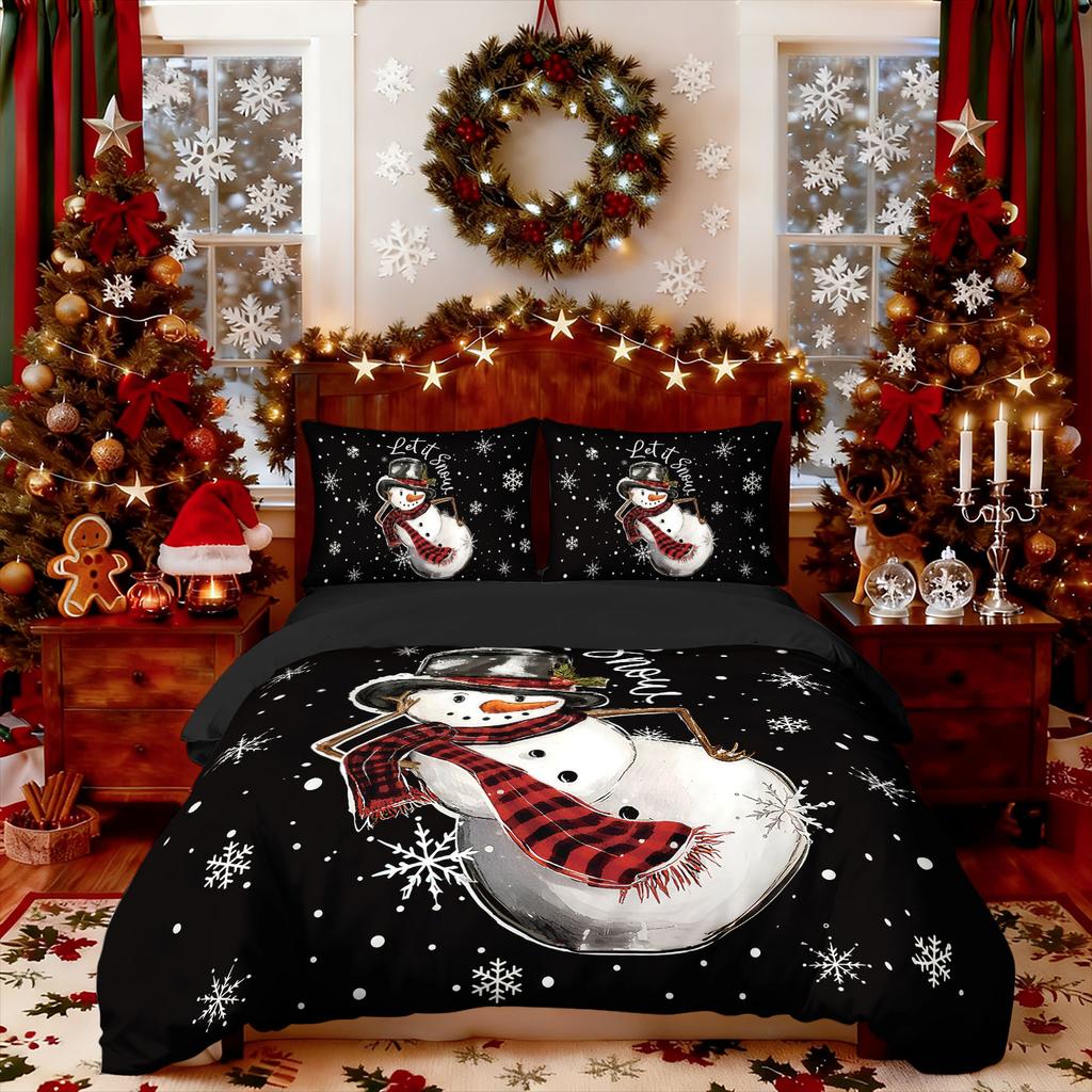 3Pcs Merry Christmas Cartoon Snowman Printed Chipless Bedding Set Multi Size Bedroom Bedding Holiday Decoration Machine Washable