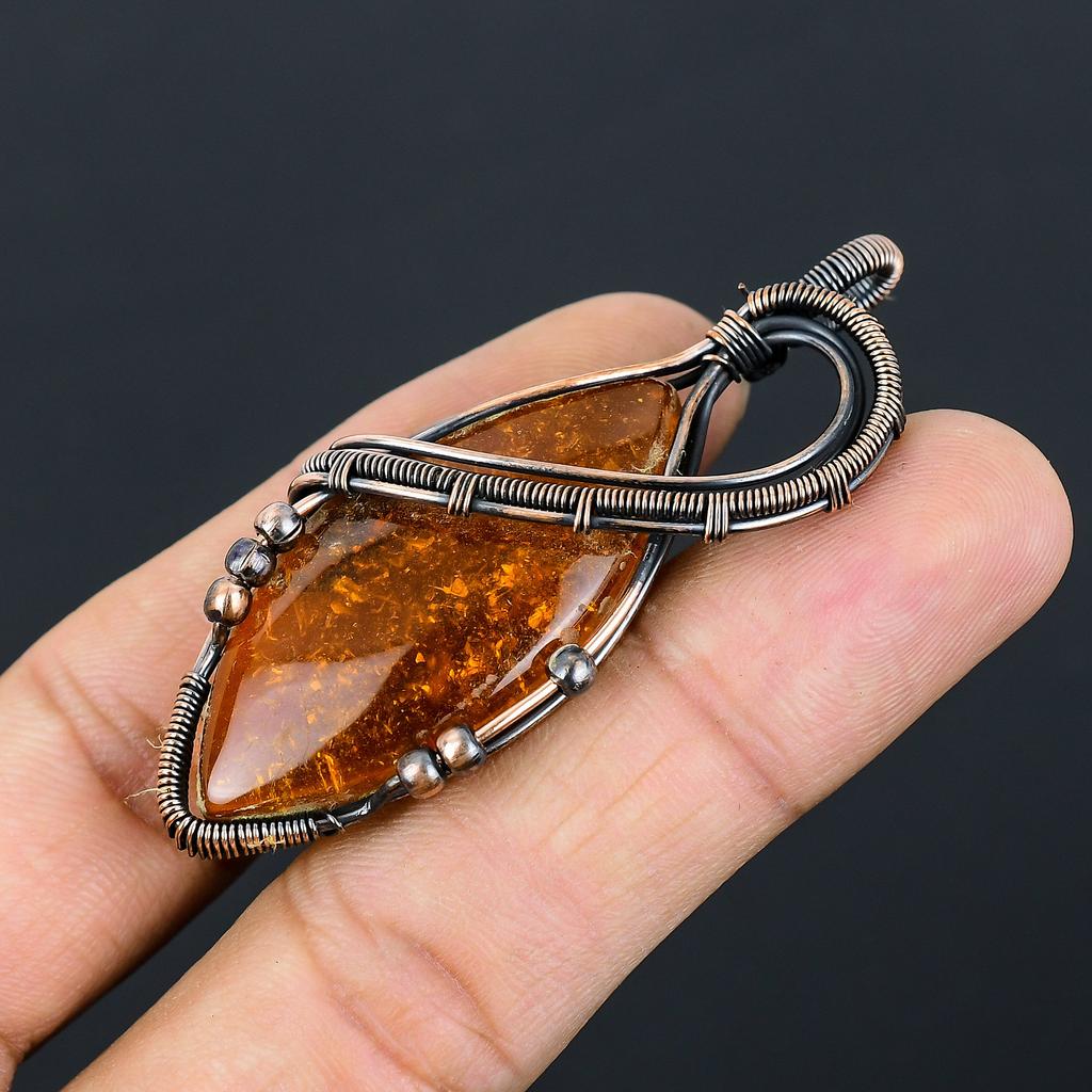 Natural Baltic Amber Gemstone Handmade Copper Wire Wrap Pendant 2.76" O3E20