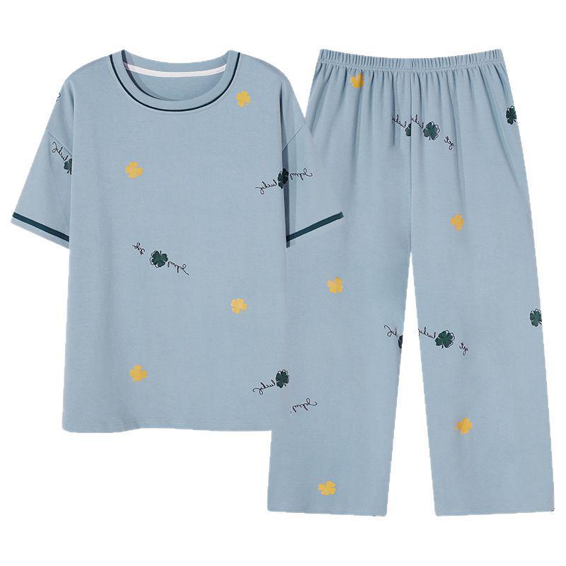 Women's Pure Cotton Pajama Set: Short Sleeve, Seven-Point Pants, Loose Fit, Built-In Bra Pads, Comfortable Home Wear.