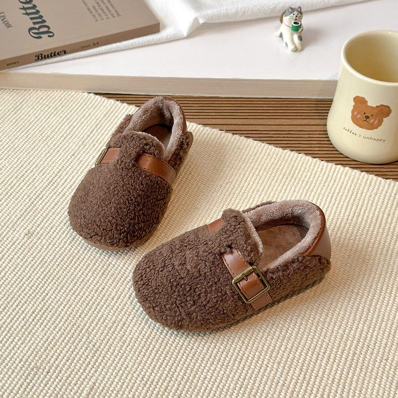 Children's woolen curly girls' cotton shoes, new autumn and winter solid color outdoor wear, warm shoes for small, medium, and large children