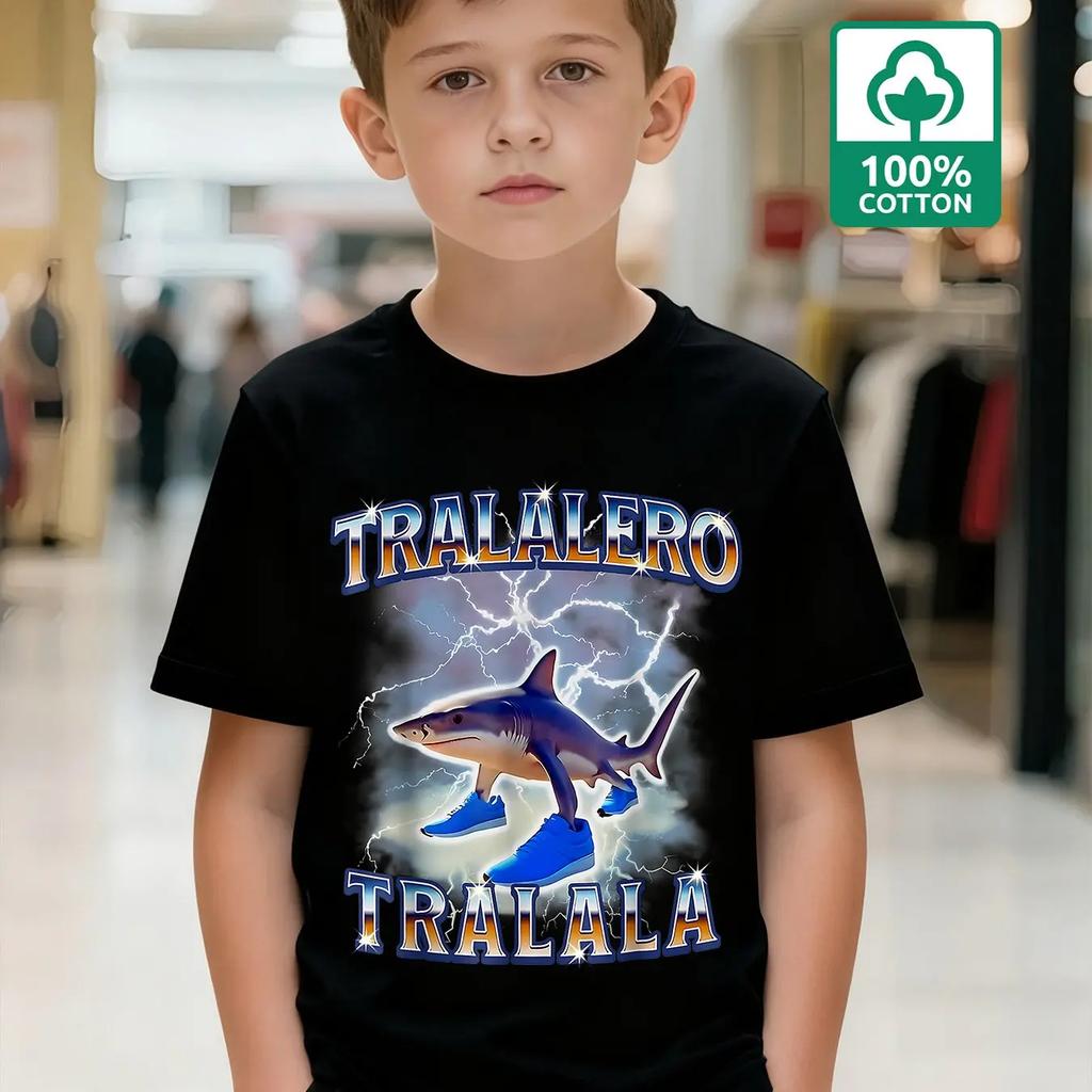 2026 Fashionable Boys' 100% Cotton Fun Shark Battle TRALALERO TRALALA Text Pattern T-Shirt Casual Everyday Children's Wear
