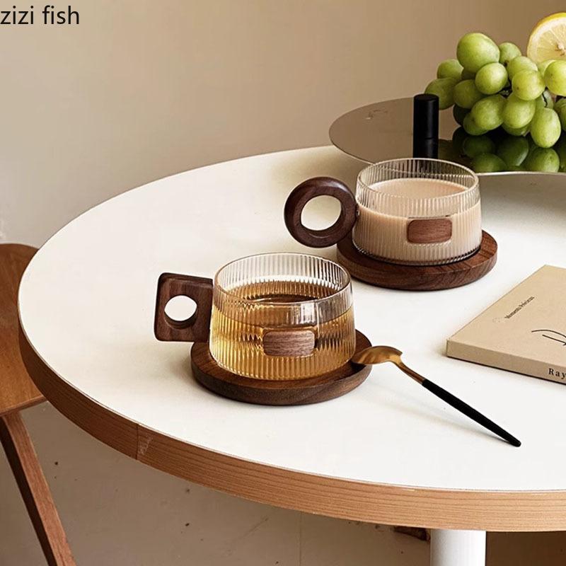 Creative Wooden Handle Glass Mug Solid Wood Coaster Breakfast Cup Oat Cup Milk Cups Coffee Mug Household Water Cups Tea Cup