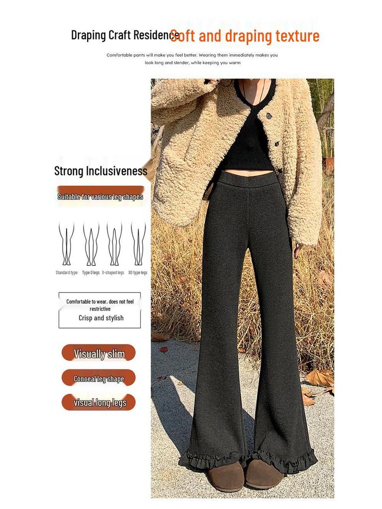 Women's High Waist Velvet Cashmere Flare Pants - Winter 2025, Slimming Ruffle Hem, Casual Floor-Length Style