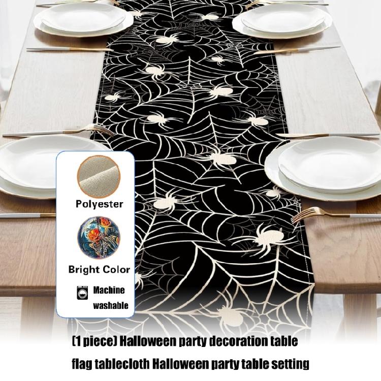 Classical Halloween Party Table Cover With Pumpkin Spiderweb Skull Pattern Washable Linen Fabric Table Runner Decoration