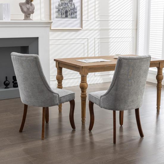 Rayon Cloth Flocking Linen Dining Chairs Channel Kitchen Dinner Chair Comfy Fabric Upholstered Accent Chair for Dining Room with Curved Solid Wood