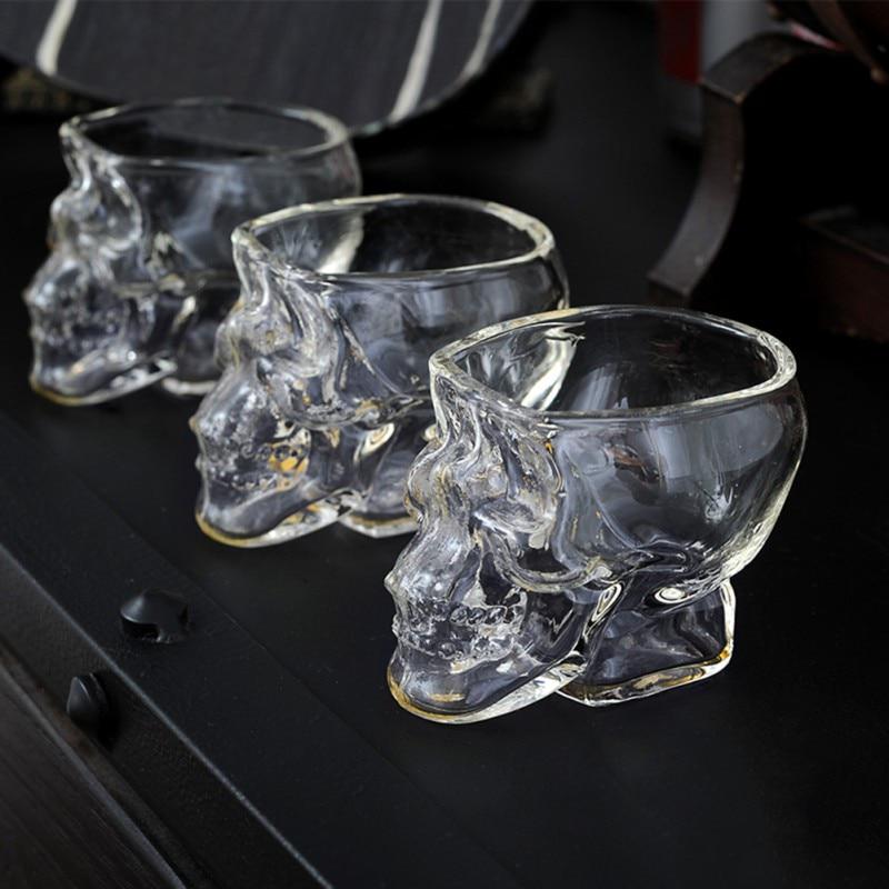 Set Of 1/2 Skull Shaped Clear Glass Novelty 2.8 Oz Shot Glasses Decorative Halloween Drinkware