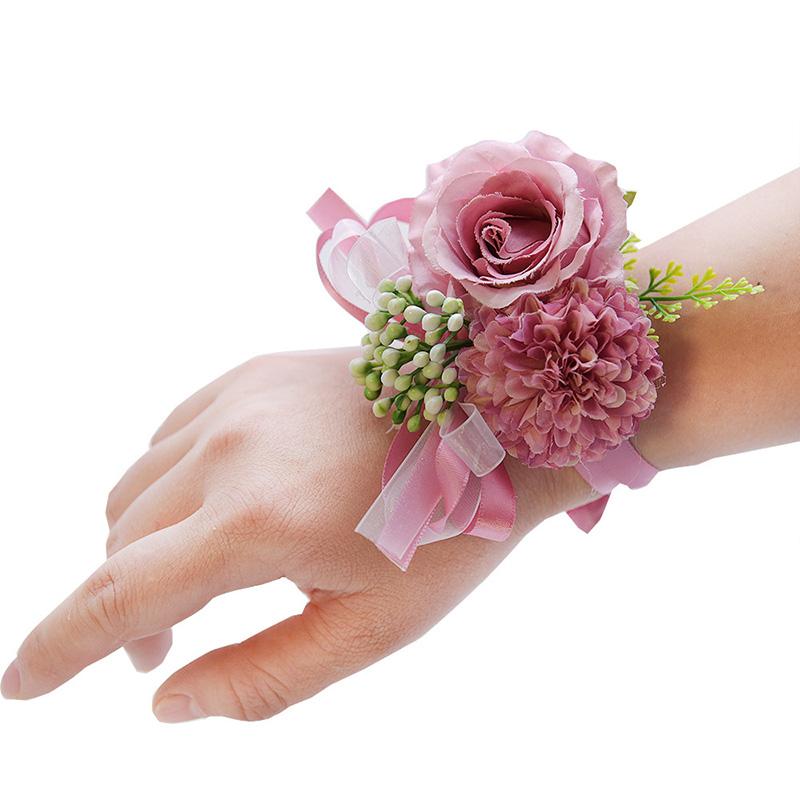 1PC Suit Corsage Pins Elegant Corsage Bracelet Wedding Non-Fading Silk Rose Bridesmaid Wrist Flower Groom Boutonnier