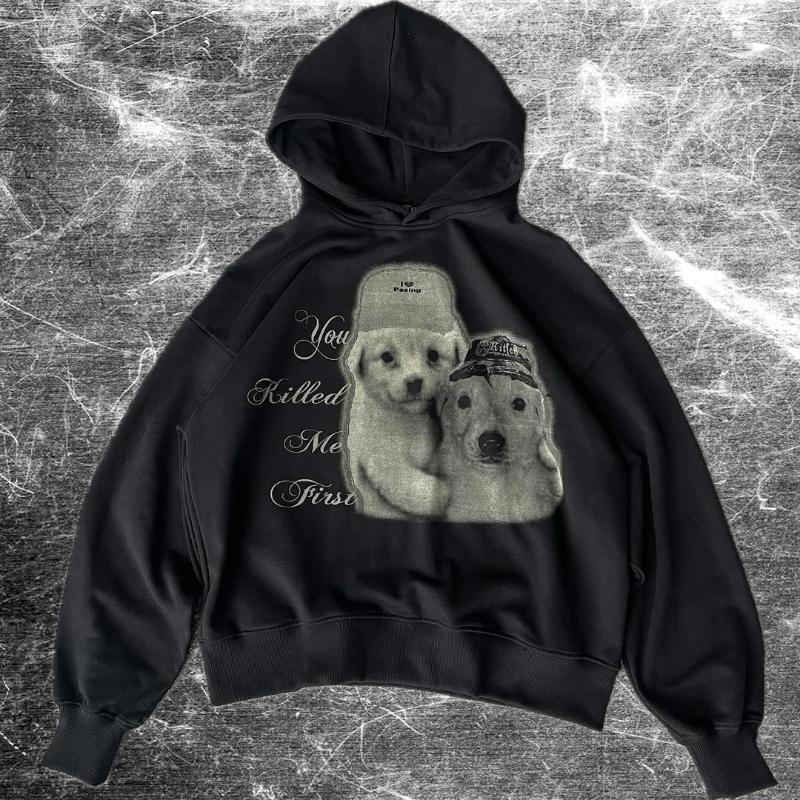 

Европейская и американская темная ретро-личность свободный принт худи с капюшоном и длинными рукавами 2XL чёрный