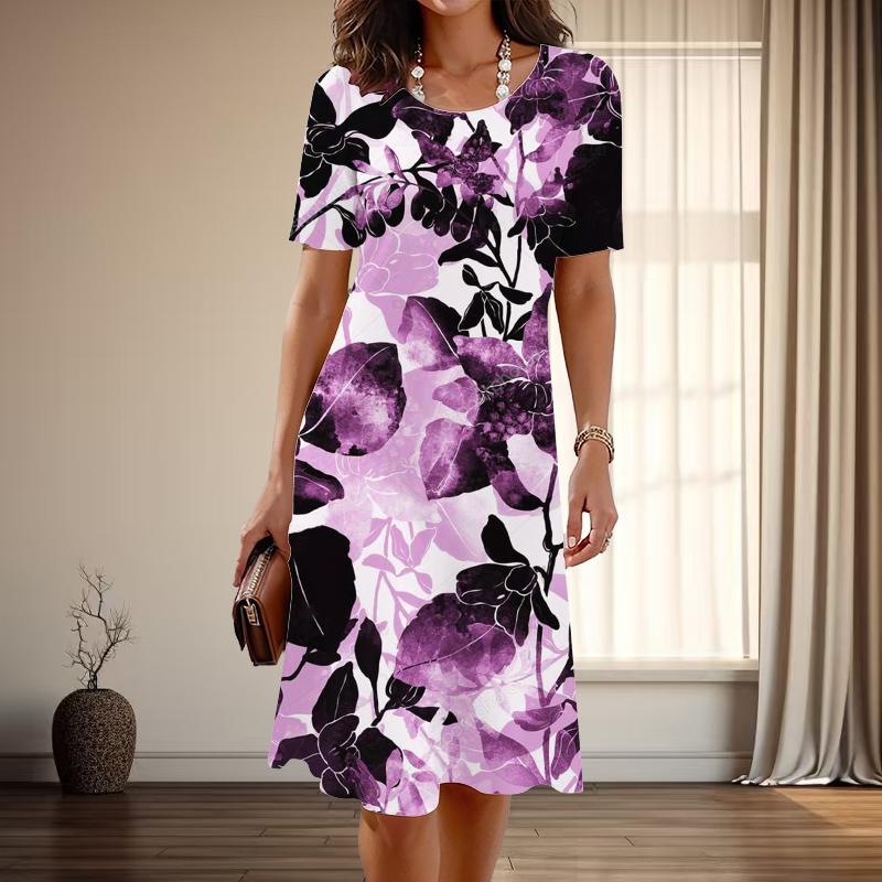 Women's Fashion Graceful Leaf Print Summer Spring Short Sleeve O-Neck Casual Dresses