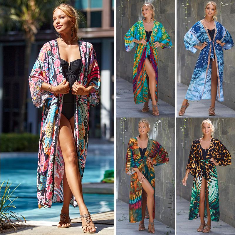 2023 European & American Rayon Waist Tie Beach Cover-up Sun Protection Cardigan for Women - Swimsuit and Bikini Outerwear