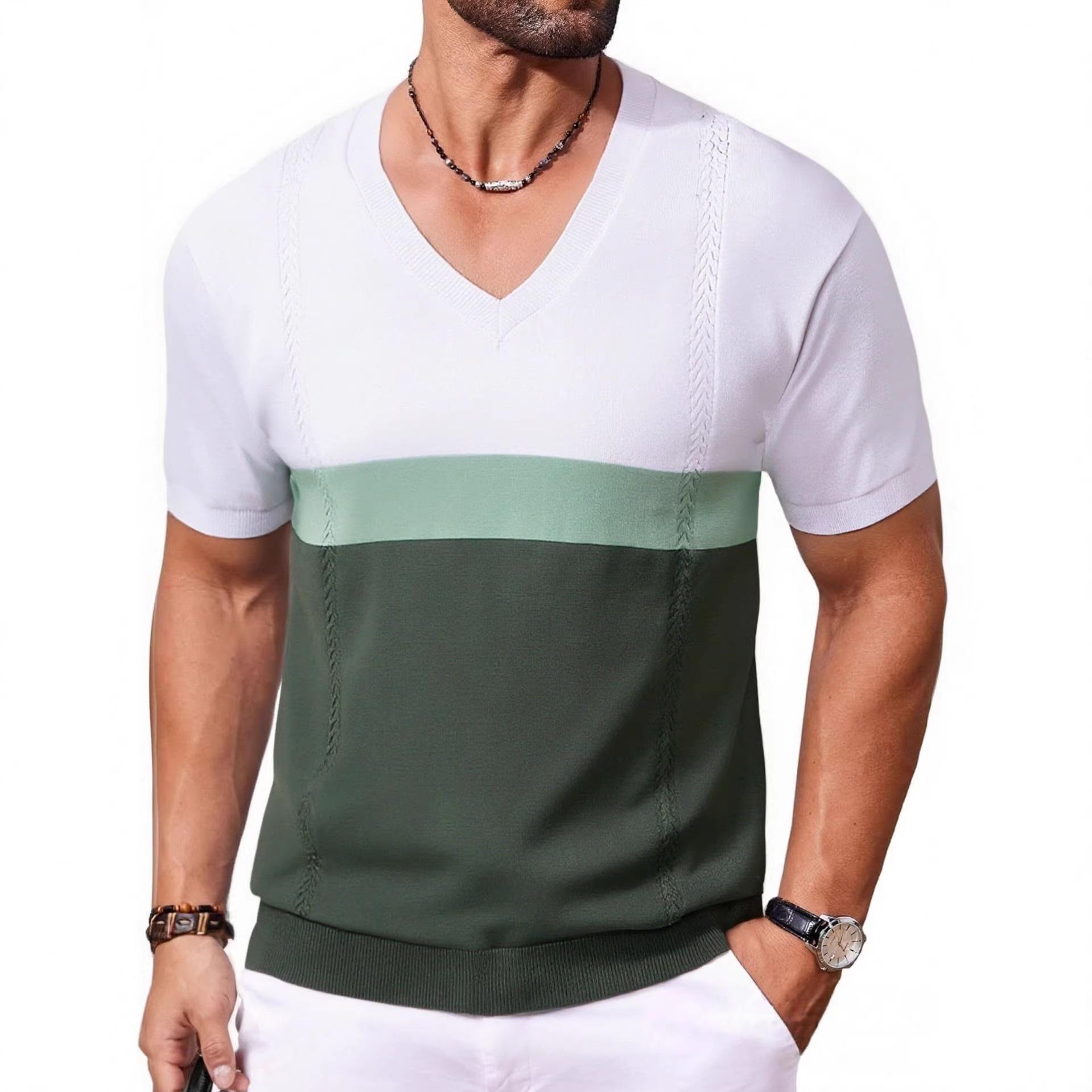 Модный летний мужской свитер с V-образным вырезом и коротким рукавом 2026 - Повседневная и дышащая модная футболка L белыйзелёный 1980₽