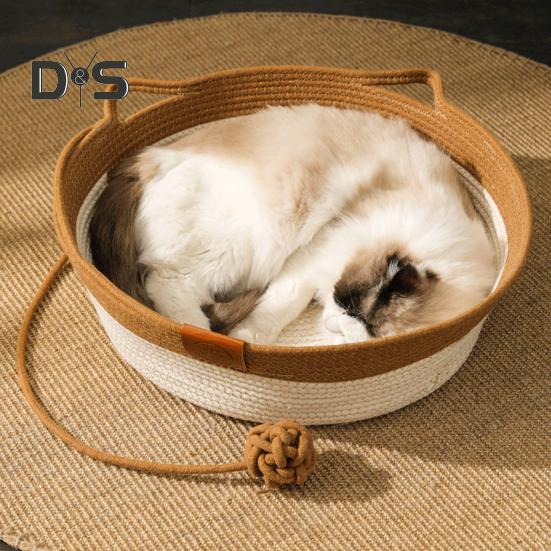 Cesta de corda trançada para gatos, cama de gato trançada à mão, tapete arranhador interativo para gatos com bola de brincar para gatos e filhotes de coelho dentro de casa